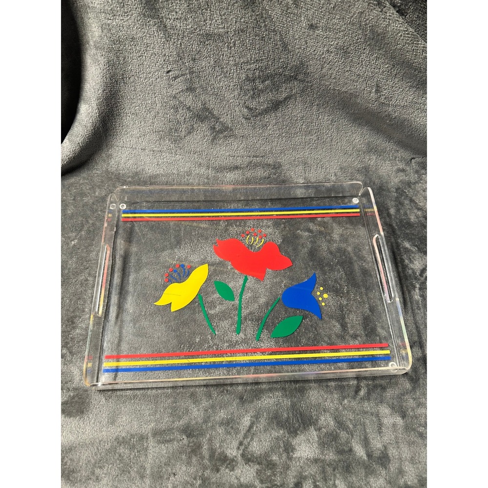 Vintage Lucite Acrylic Serving Tray Floral Primary Color Mod Clear Good Retro